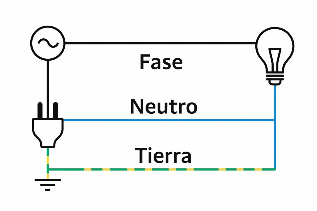 Diagrama sencillo de instalación eléctrica en una vivienda mostrando los cables fase, neutro y tierra