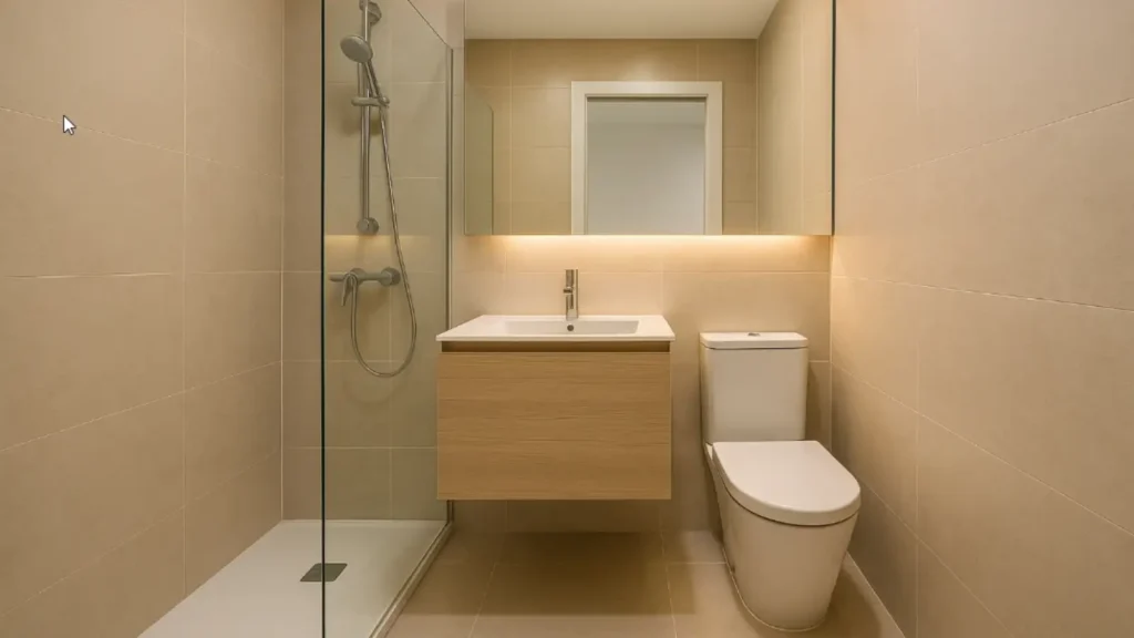 Baño pequeño con ducha, mueble e inodoro suspendidos y espejo grande que amplía el espacio