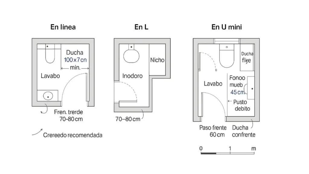Distribuciones eficientes para baño pequeño con medidas orientativas