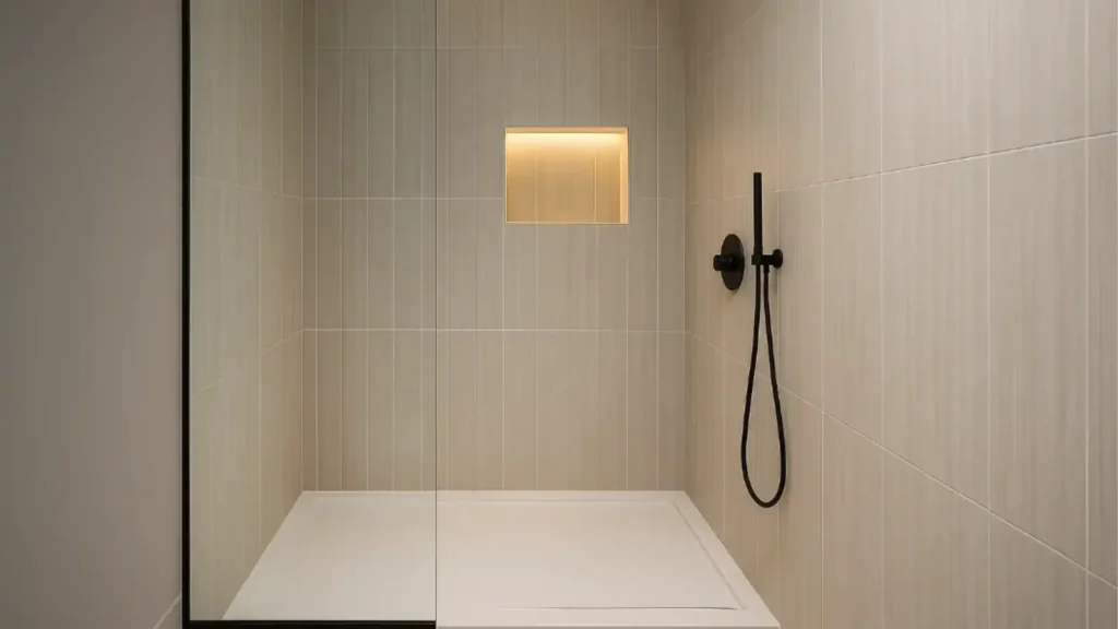 Ducha amplia con nicho y mampara fija transparente que amplía el baño pequeño