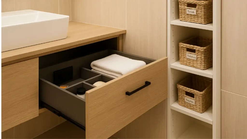 Interior de mueble suspendido con divisores, enchufe interior y toallas dobladas; columna estrecha con cestas etiquetadas.