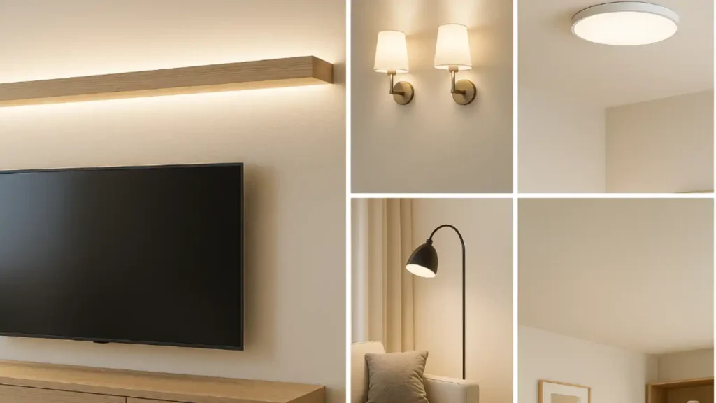 Collage de salón con tiras LED indirectas, apliques de pared, lámpara de lectura y luz general de techo