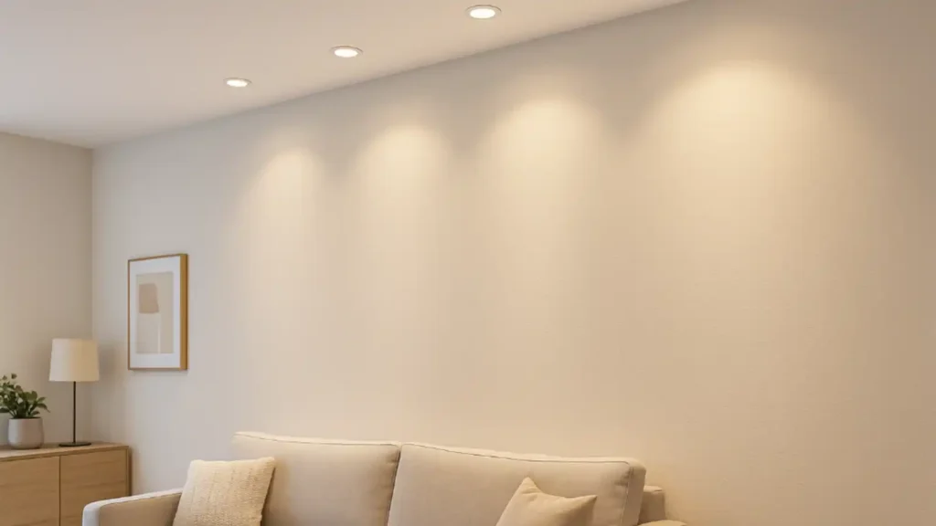 Techo con focos a 55 cm de la pared que bañan el muro con luz cálida en un salón pequeño