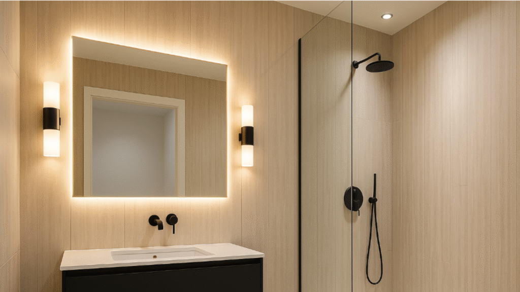 Espejo con luz perimetral y apliques laterales, ducha con foco IP65 y mampara transparente en baño moderno