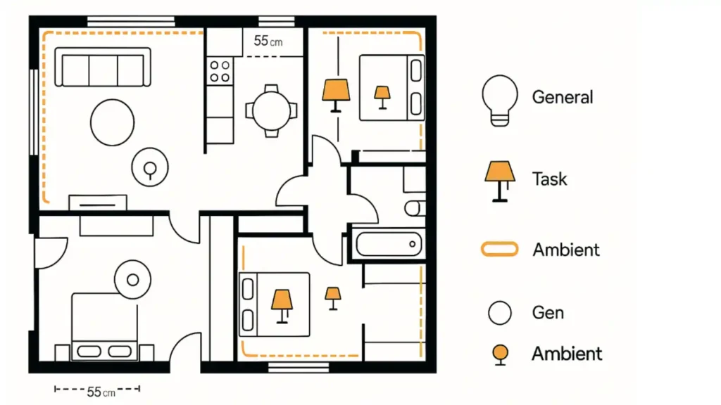 Plano de vivienda con iconos de luz general, tarea y ambiente y marcas a 55 cm de pared para focos