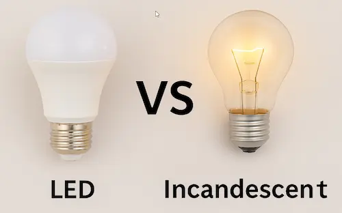 Comparativa visual entre bombilla LED y bombilla incandescente, diferencias de consumo y eficiencia energética