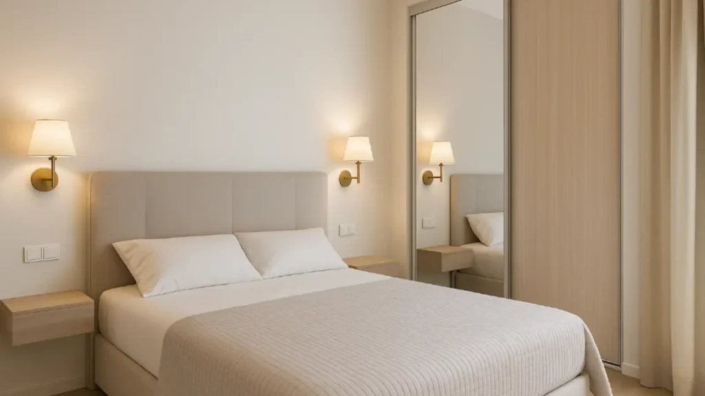 Dormitorio pequeño con cama de 135 cm con canapé, cabecero tapizado claro, apliques de pared y armario corredero con espejo