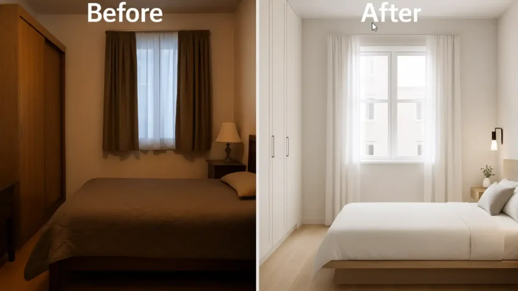Antes y después del mismo dormitorio pequeño con la misma ventana: versión oscura y recargada frente a versión clara con visillos, muebles ligeros y paleta neutra