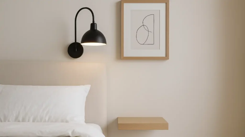 Cabecero claro con aplique orientable, lámina sencilla y mesilla flotante; ropa de cama blanca con plaid arena