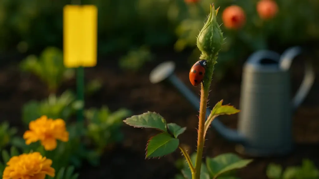 Mariquita devorando pulgones en un brote de rosal, control natural de plagas en el jardín