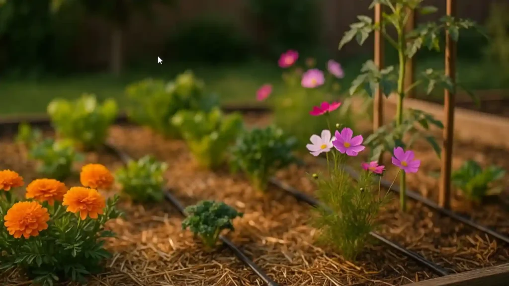 Parterre con caléndulas y cosmos entre hortalizas, acolchado de paja y riego por goteo