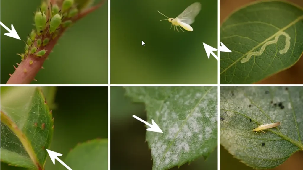 Collage de cuatro plagas del jardín con flechas: pulgón en brote, mosca blanca, telillas de araña roja y hoja con oídio