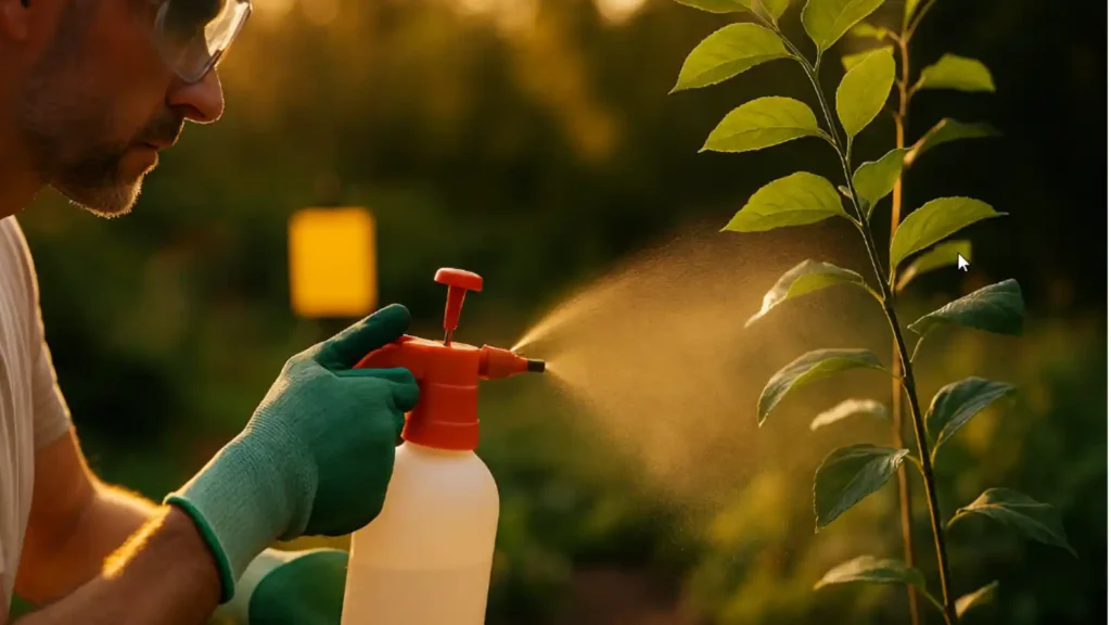 Fotografía realista en formato apaisado: un jardinero con guantes y gafas de protección pulveriza el envés de las hojas con un pulverizador manual al atardecer. Se aprecia la niebla de producto y, en segundo plano desenfocado, una trampa cromática amarilla colgada. Escena cálida y segura, sin marcas ni texto.