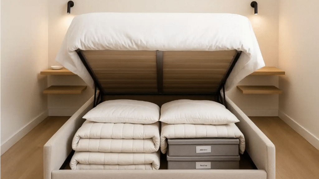 Canapé abatible abierto con edredones y cajas etiquetadas y mesillas flotantes a ambos lados