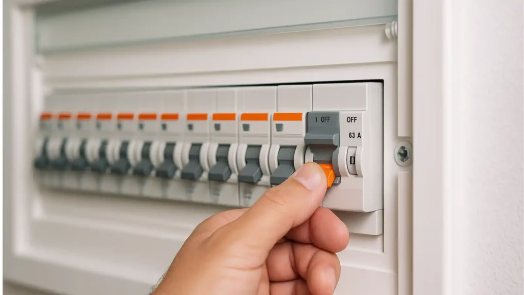 mano bajando interruptor general en cuadro eléctrico antes de cambiar enchufe