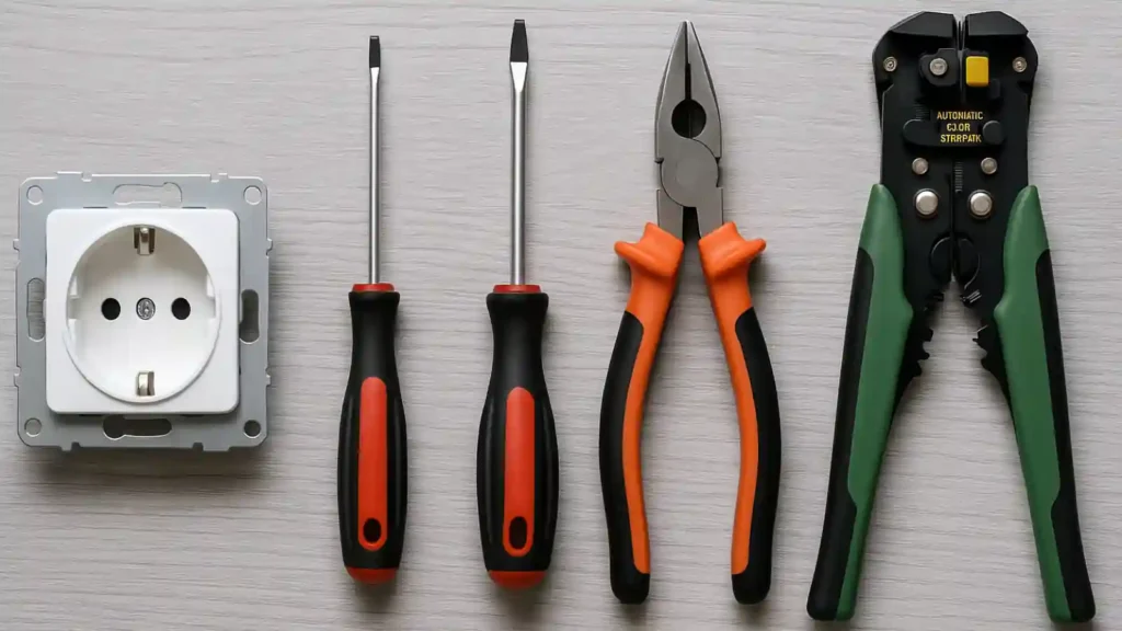 herramientas sobre mesa para cambiar un enchufe de pared