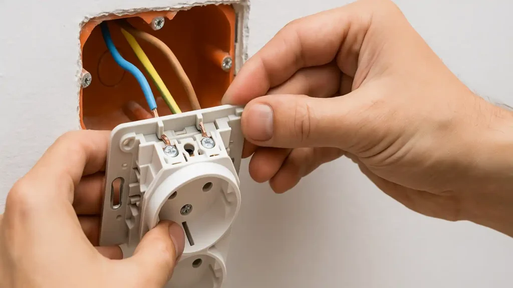 manos conectando cables de fase neutro y tierra en enchufe nuevo