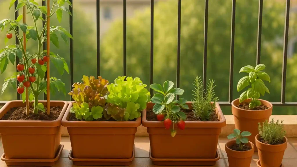 huerto urbano en balcón con tomates cherry lechugas fresas y plantas aromáticas al sol de la mañana