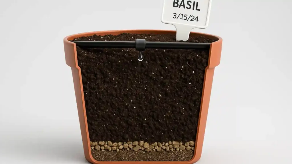 sección de maceta con capa de drenaje sustrato aireado riego por goteo y etiqueta con fecha de siembra