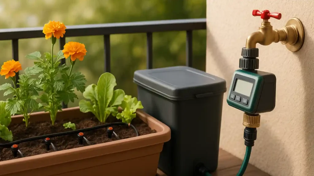 jardinera con riego por goteo depósito pequeño goteros ajustables y programador de grifo