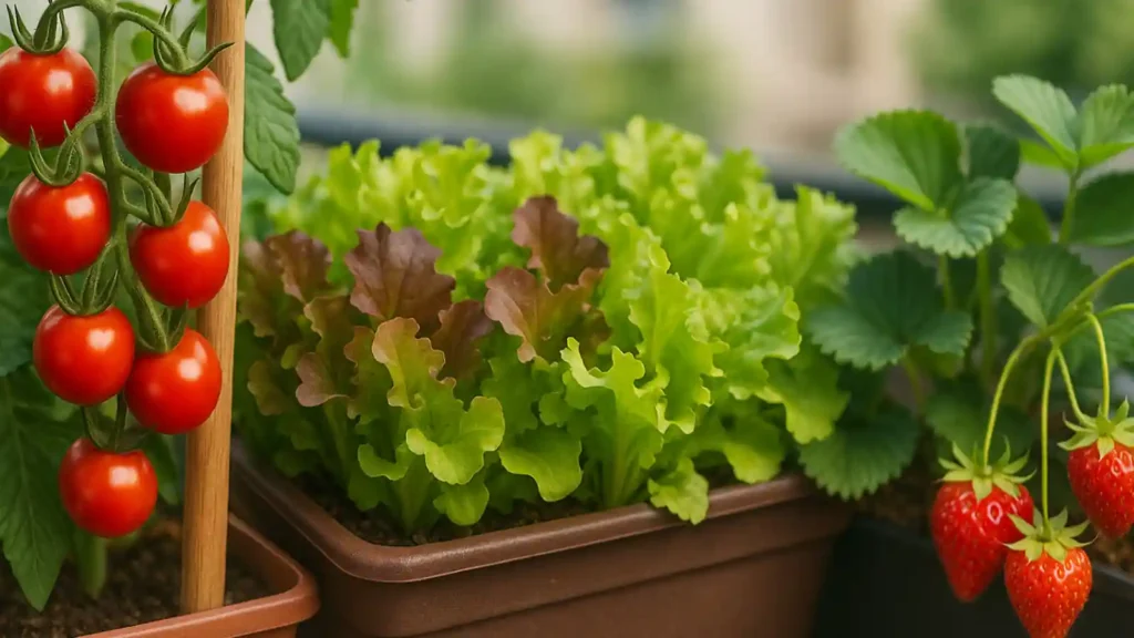 tomates cherry maduros en planta con tutor lechugas variadas y fresas rojas colgando en huerto urbano en macetas