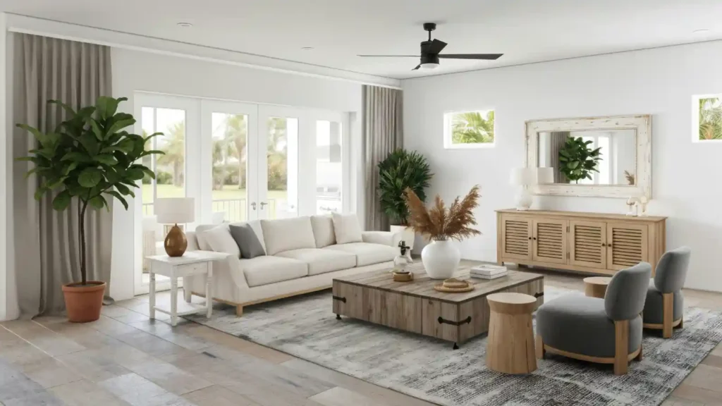 salón moderno estilo nórdico con luz natural, para la decoración del hogar