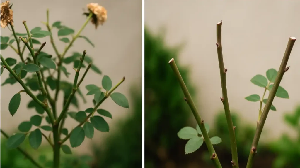 rosal antes y después de una poda correcta con ramas cruzadas y luego 4 o 5 ramas fuertes con cortes limpios en bisel