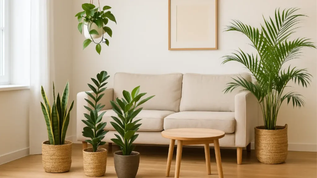 salón luminoso con sansevieria zamioculca pothos colgante y palma areca en macetas de fibra natural