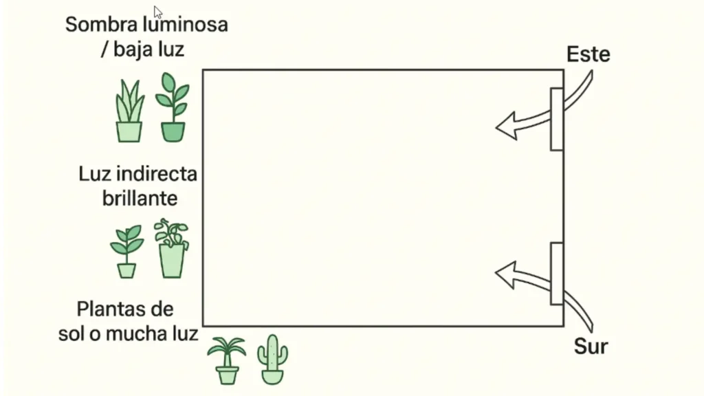 diagrama de una habitación con ventanas a este y sur y plantas colocadas a distintas distancias según su necesidad de luz