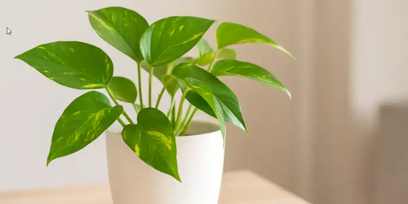 planta de pothos epipremnum aureum en maceta de interior con hojas verdes y variegadas