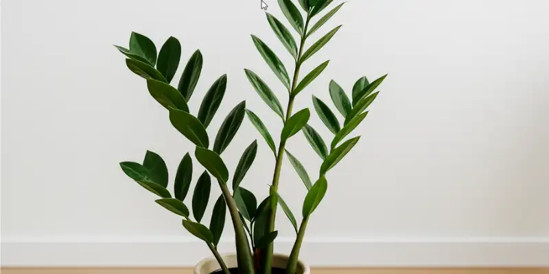 planta de zamioculca zz zamioculcas zamiifolia en maceta de interior con hojas verdes y brillantes