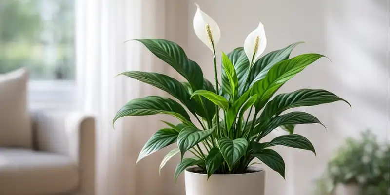 planta de spathiphyllum cuna de moises en maceta de interior con hojas verdes brillantes y flores blancas