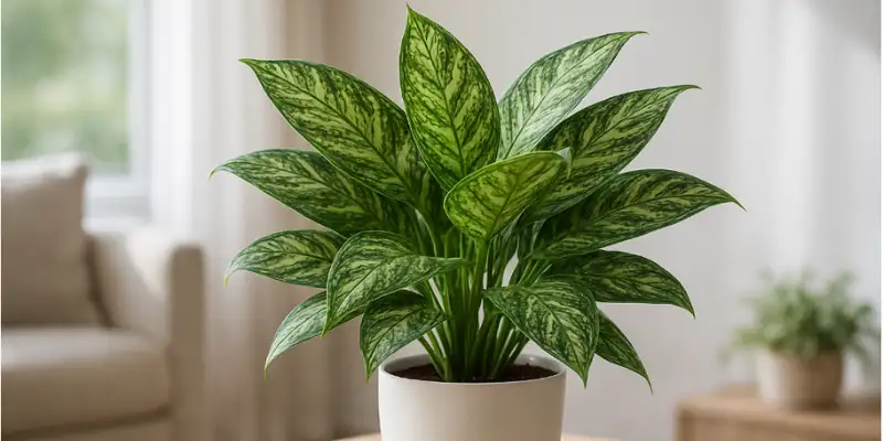 aglaonema en maceta de interior sobre mesa con hojas verdes variegadas