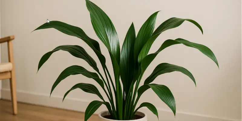aspidistra planta del hierro en maceta de interior con hojas largas verdes y brillantes