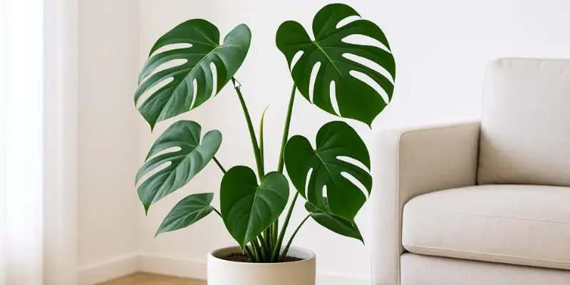 monstera deliciosa en maceta de interior con hojas grandes verdes troqueladas