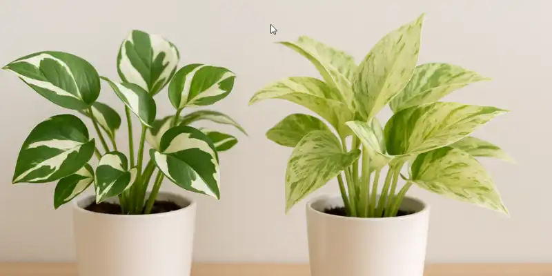 pothos njoy y marble queen en dos macetas de interior mostrando la diferencia de variegado en las hojas