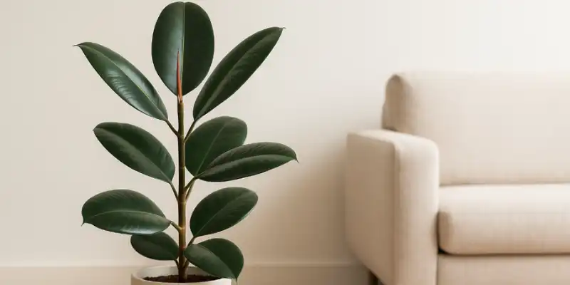 ficus elastica caucho en maceta de interior con hojas grandes verdes y brillantes