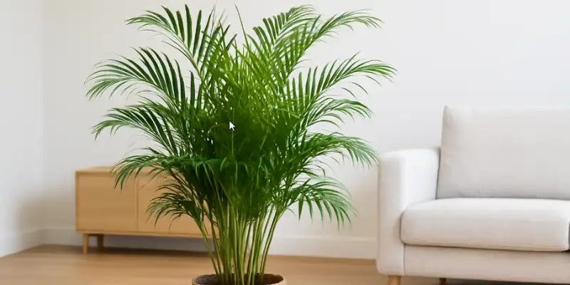 palmera areca dypsis lutescens en maceta de interior sobre suelo de madera en salón luminoso