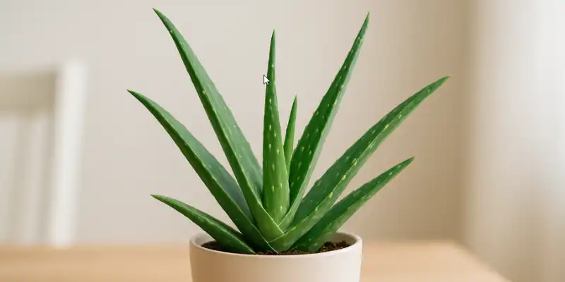 planta de aloe vera en maceta de interior sobre mesa de madera con hojas carnosas verdes