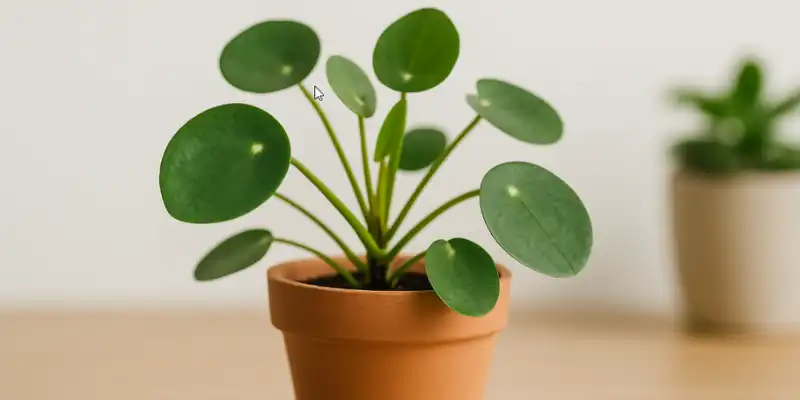 pilea peperomioides en maceta de barro sobre mesa de madera con hojas redondas verdes