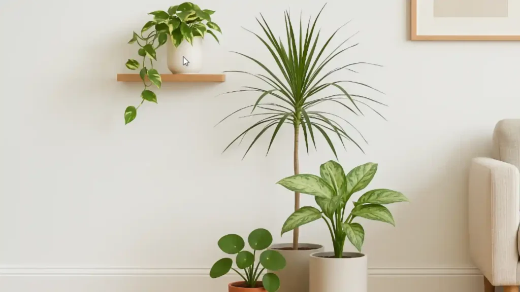 rincon verde de salón con plantas de interior resistentes como la dracena alta aglaonema media pilea baja en macetas de cerámica mate y pothos colgante en estantería
