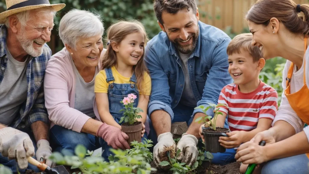 Familia con abuelos, padres y niños trabajando juntos en un jardín casero y sonriendo