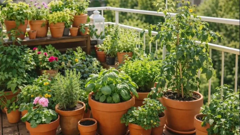 Macetas de distintos tamaños con plantas en un balcón pequeño y soleado
