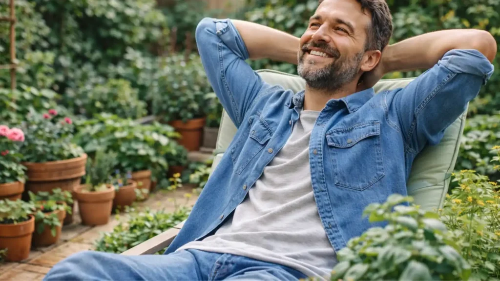 Persona relajada sentada en su jardín casero rodeada de plantas y sonriendo