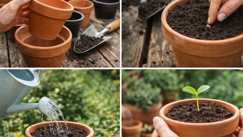 Collage con pasos de jardinería elegir macetas plantar una semilla regar y ver crecer un brote