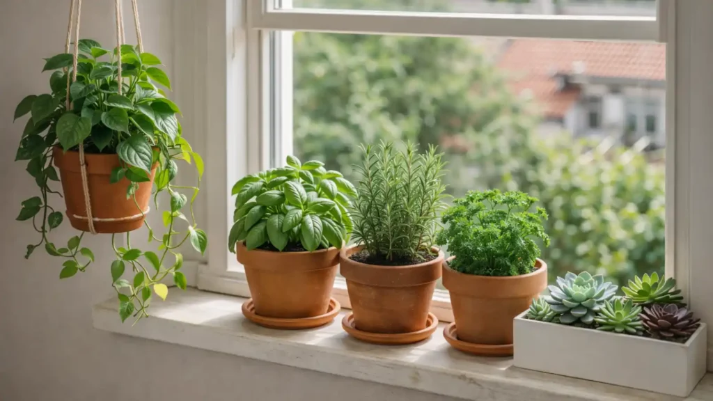 Hierbas aromáticas en la ventana un potos colgante y suculentas en macetas