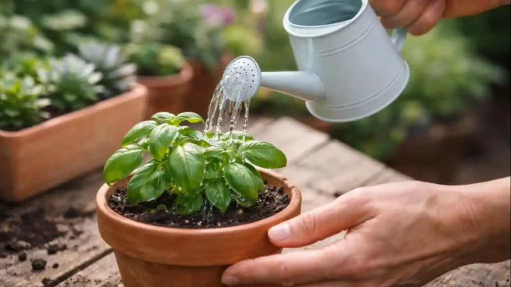 Manos regando una maceta con regadera pequeña mostrando cuidado delicado