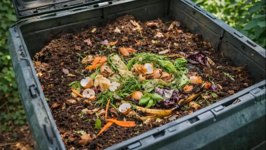 Compostador casero con restos orgánicos y tierra mostrando el compostaje