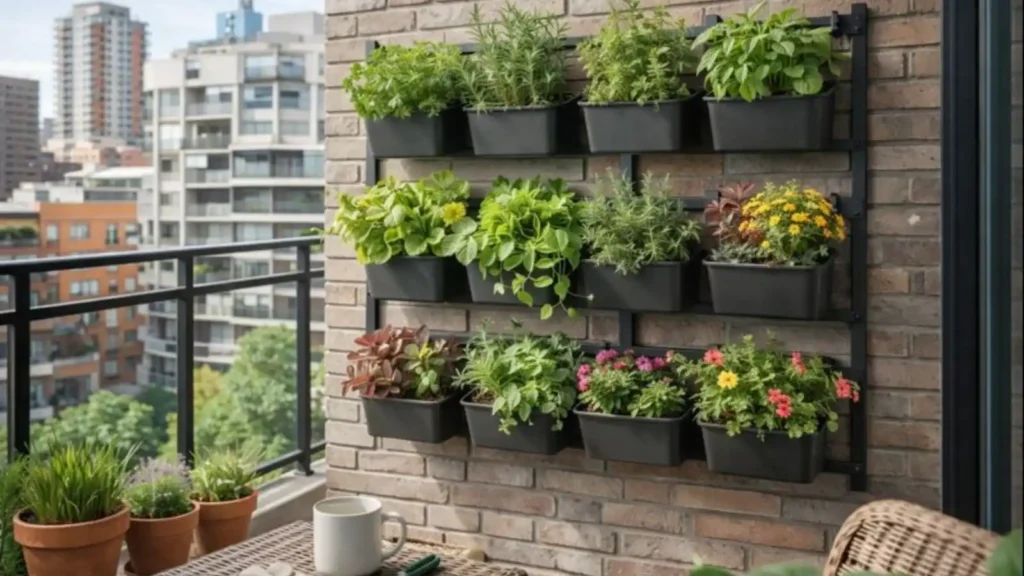 Jardín vertical moderno en el balcón de un apartamento con plantas en estructura vertical
