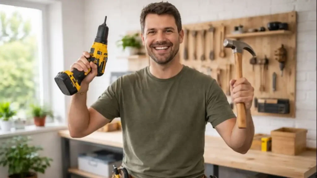 Persona feliz en casa mostrando sus herramientas tras terminar un proyecto de bricolaje